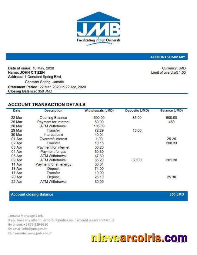 Jamaica Mortgage Bank Statement Template