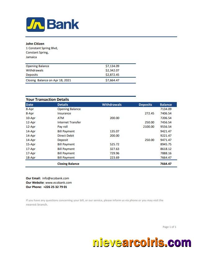Editable Jamaica National Bank Statement Easy To Fill Template In .xls And .pdf File Format