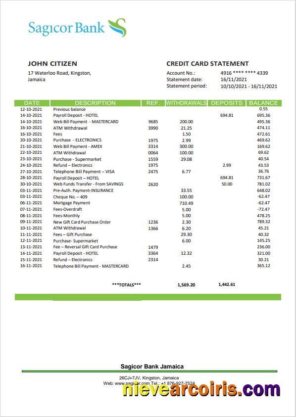 Realistic Jamaica Sagicor Bank Statement Template, Word And PDF Format (.doc And .pdf)