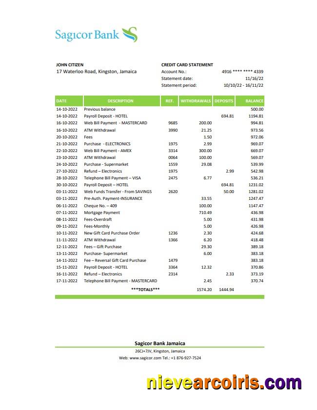 Jamaica Sagicor Bank Statement Preview