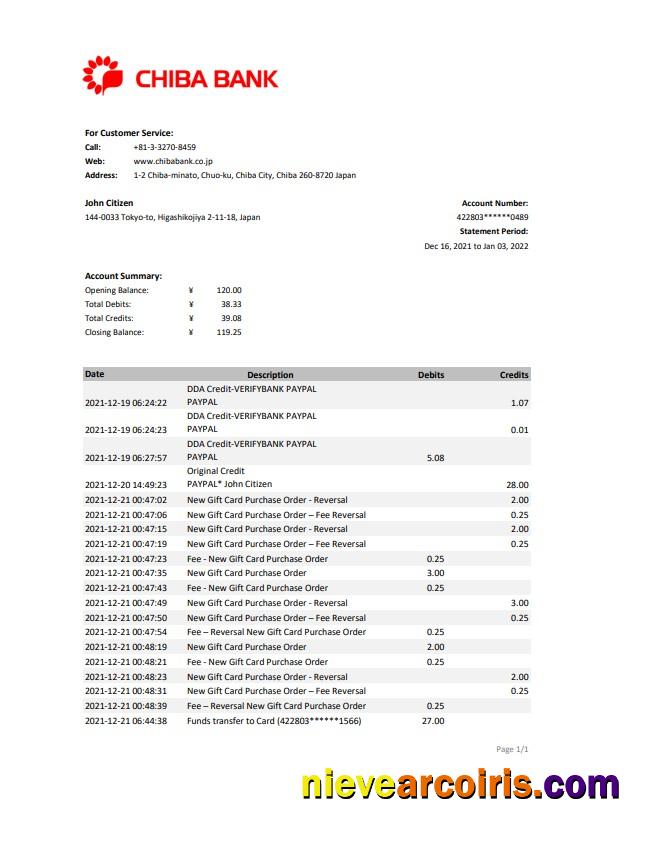 Japan Chiba Bank Statement Preview