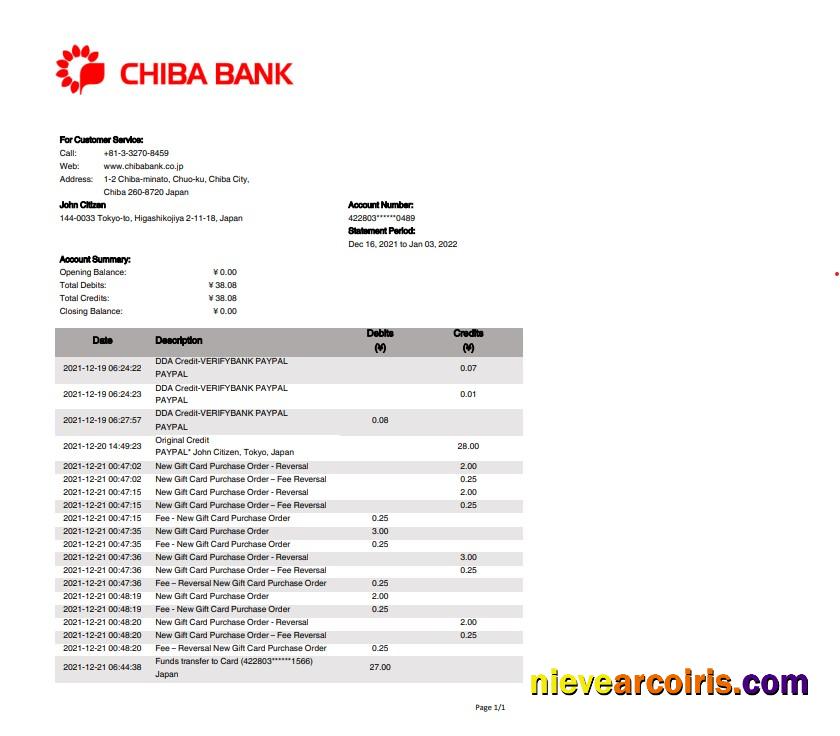Professional Japan Chiba Bank Statement Template In Word And PDF Format