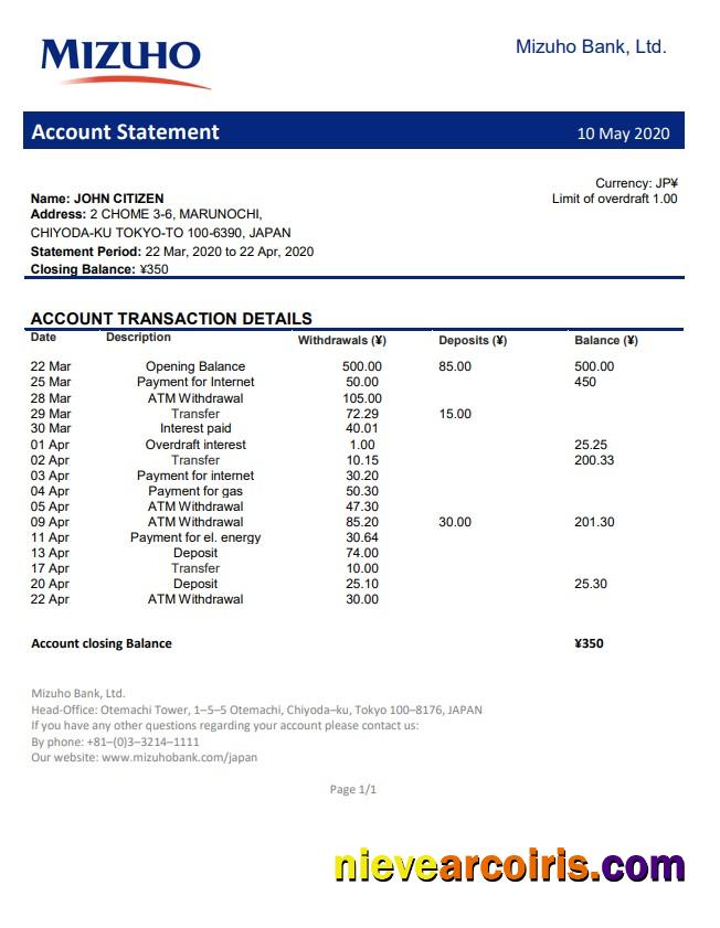 Japan Mizuho Bank Statement Photolook