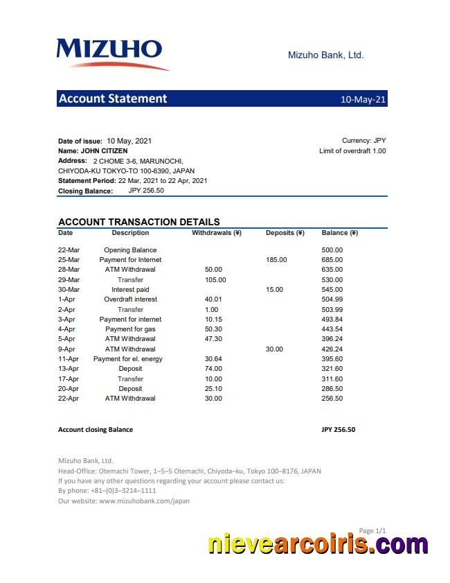 Premium Japan Mizuho Bank Statement Template In .xls And .pdf File Format
