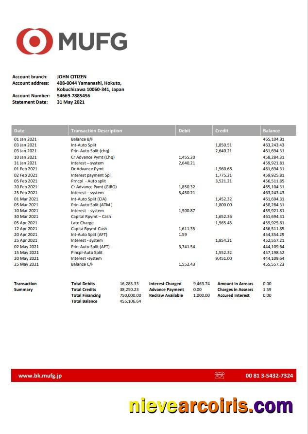 Japan Mufg Bank Statement Template
