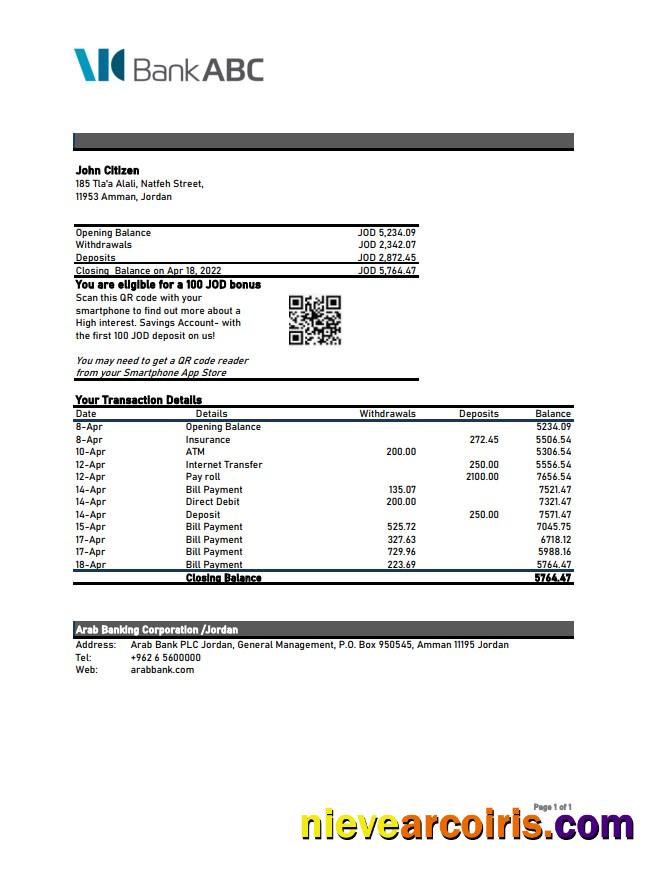 Jordan ABC Bank Statement Xls Template