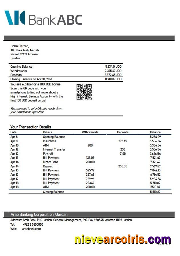 Jordan ABC Bank Statement Sample