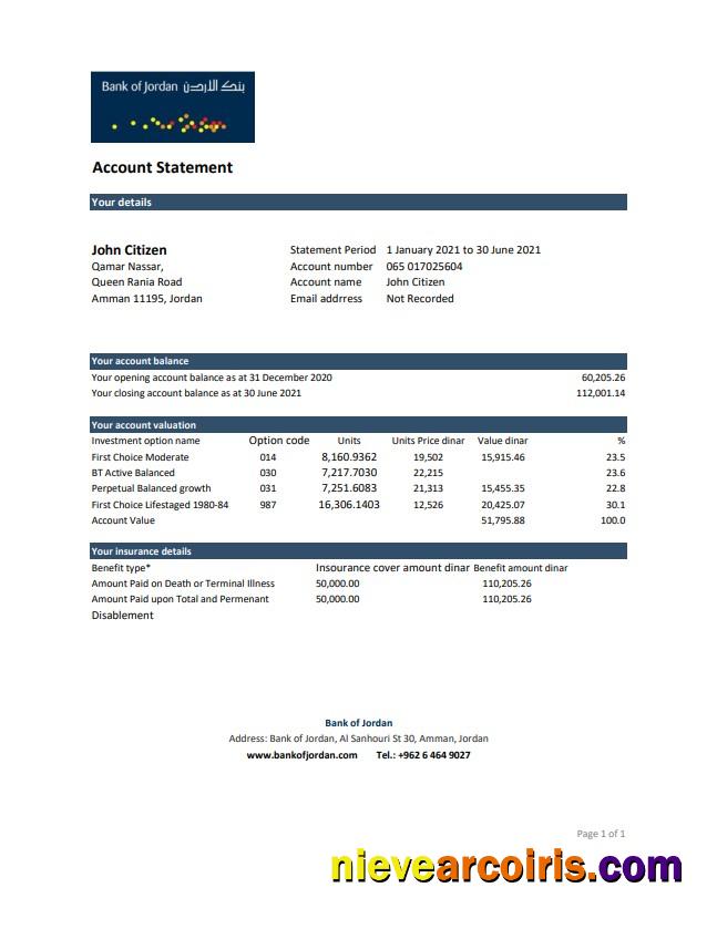 Professional Jordan Bank Of Jordan Bank Statement Easy To Fill Template In .xls And .pdf File Format
