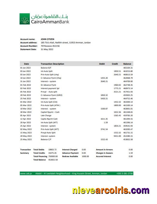 Jordan Cairo Amman Bank Statement Sample
