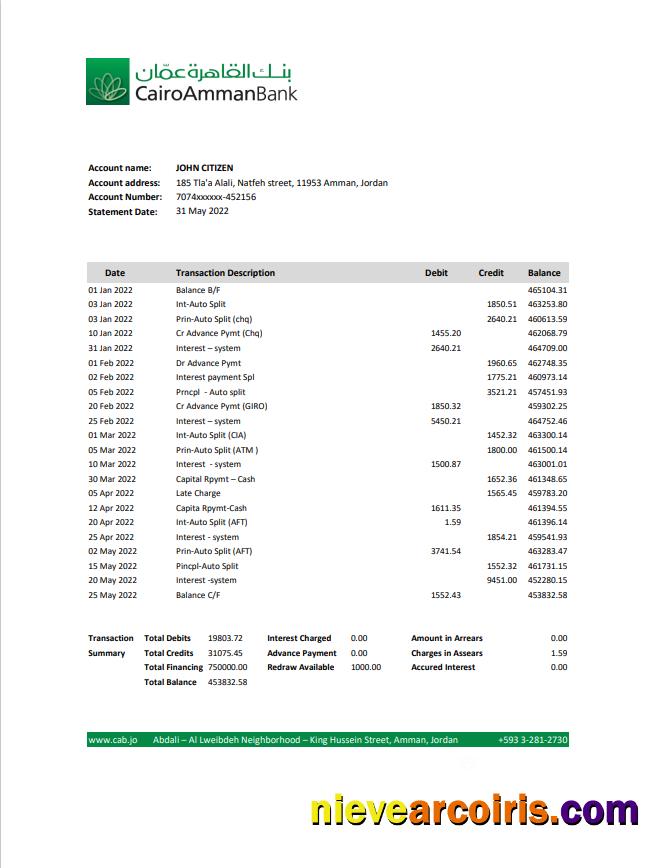 Editable Jordan Cairo Amman Bank Statement Template, Excel And PDF Format