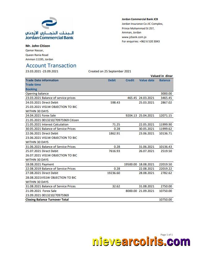 Professional Jordan Commercial Bank JCB Bank Statement Easy To Fill Template In .xls And .pdf File Format