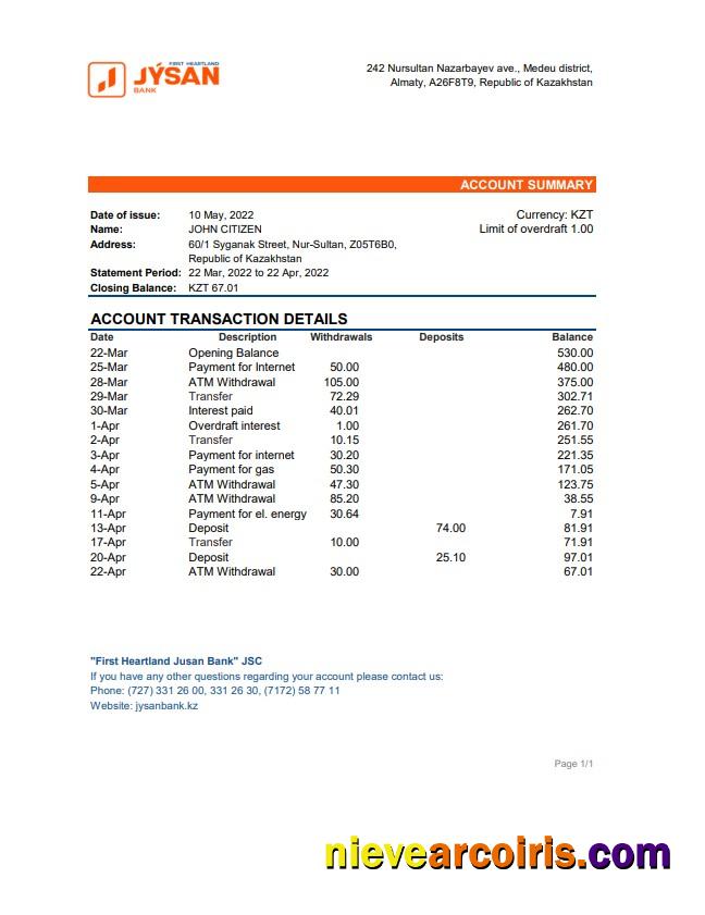 Kazakhstan First Heartland Jusan Bank Statement Xls Photolook