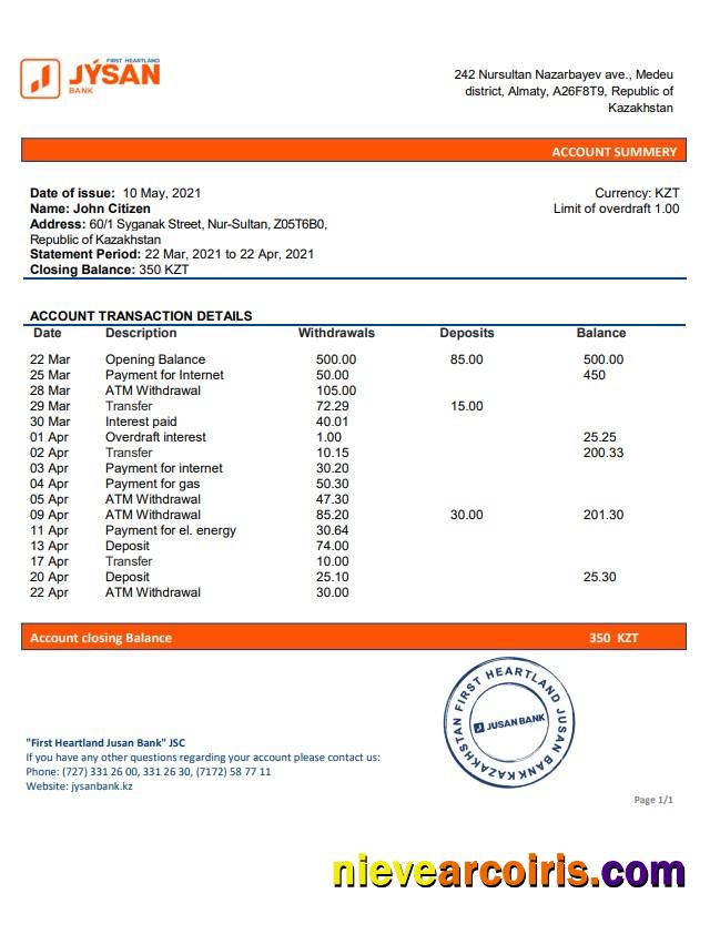 Kazakhstan First Heartland Jusan Bank Statement Photolook