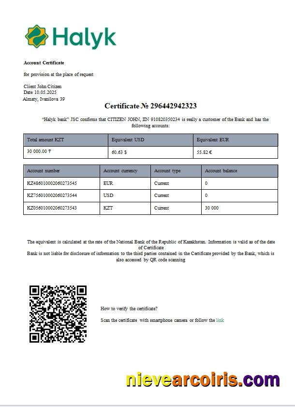 Kazakhstan Halyk Bank Account Certificate Scr Preview