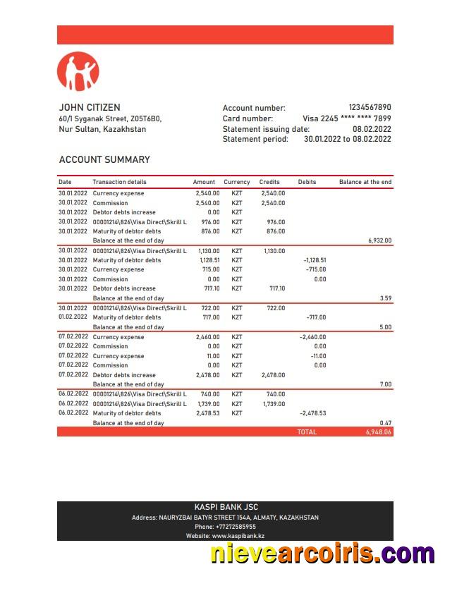 Kazakhstan Kaspi Bank Statement Xls Template