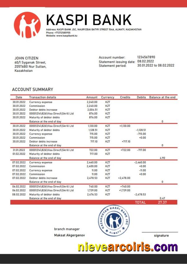 Kazakhstan Kaspi Bank Statement Photolook