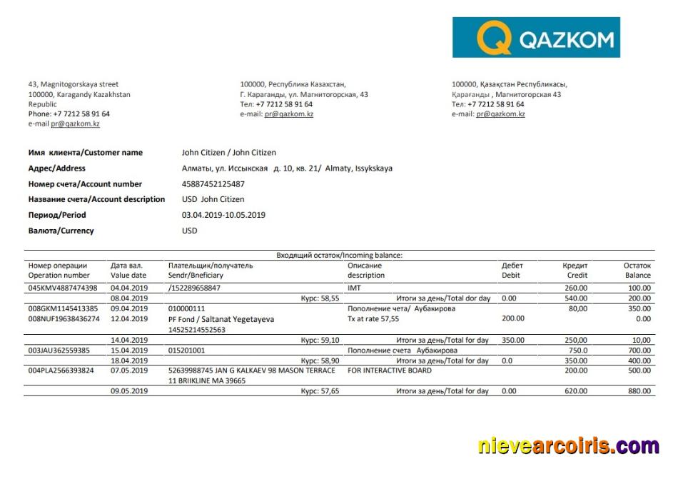 Professional Kazakhstan Qazkom Bank Proof Of Address Statement Template In Word And PDF Format