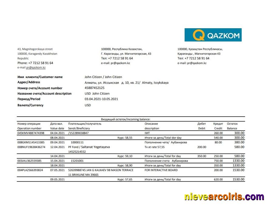 Editable Kazakhstan Qazkom Bank Statement Easy To Fill Template In Excel And PDF Format