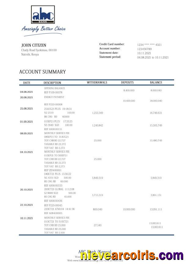 Kenya ABC Bank Statement Template