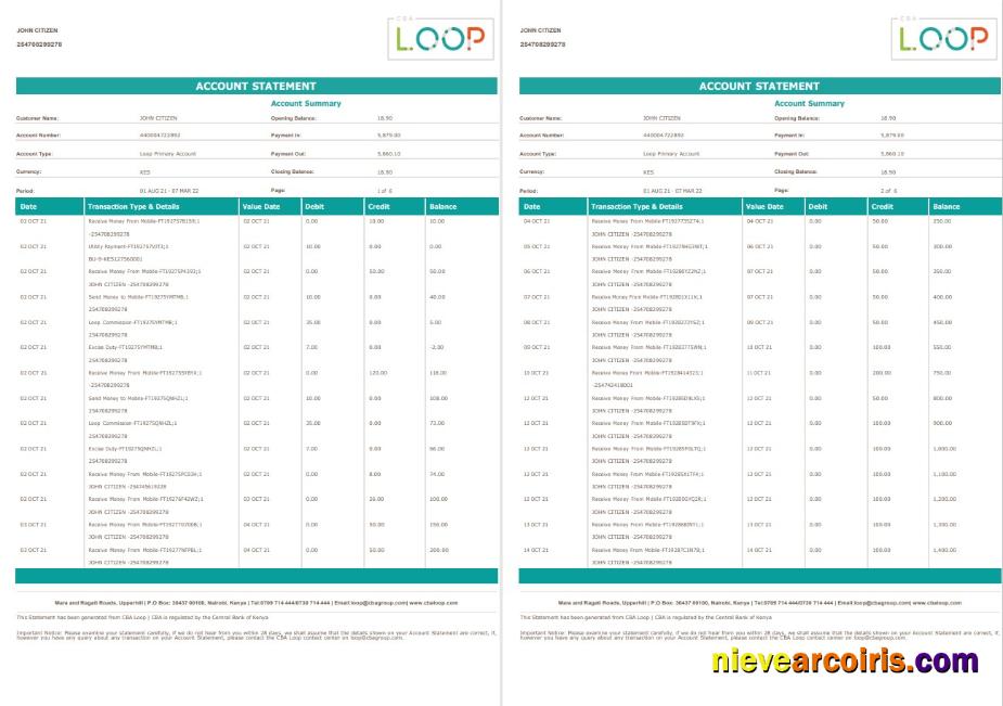 Kenya CBA Loop Bank Statement 6 Pages Template