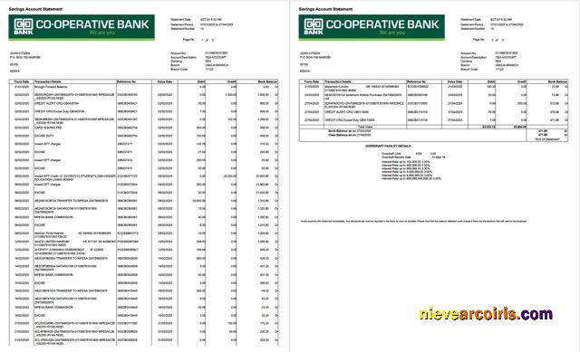 Realistic Kenya Co Operative Bank Account Statement Word And PDF Template, 2 Pages