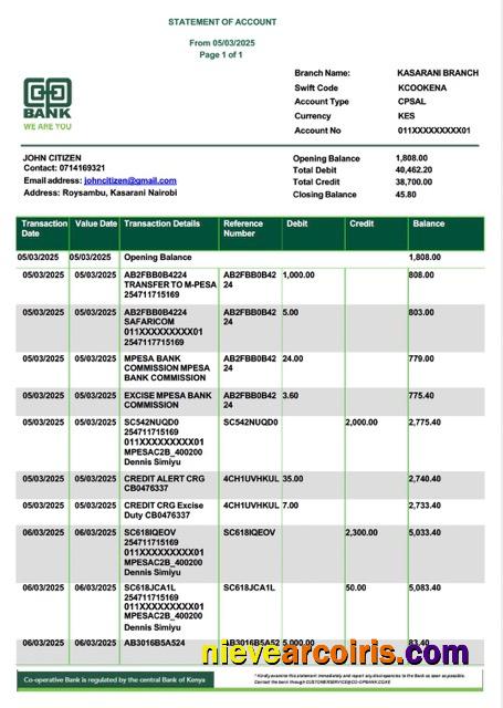 Premium Kenya Co Operative Bank Statement Word And PDF Template, Version 2