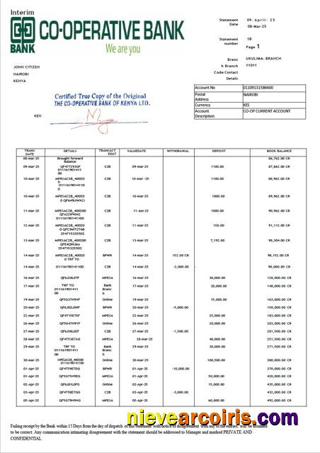Realistic Kenya Co Operative Bank Statement Word And PDF Template
