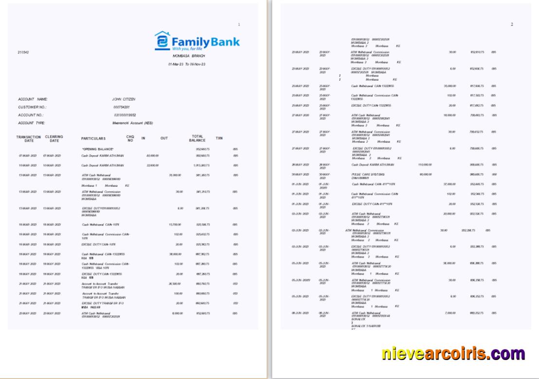 Realistic Kenya Family Bank Statement Word And PDF Template, 7 Pages