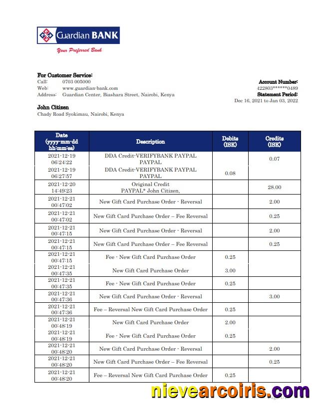 Kenya Guardian Bank Statement Sample