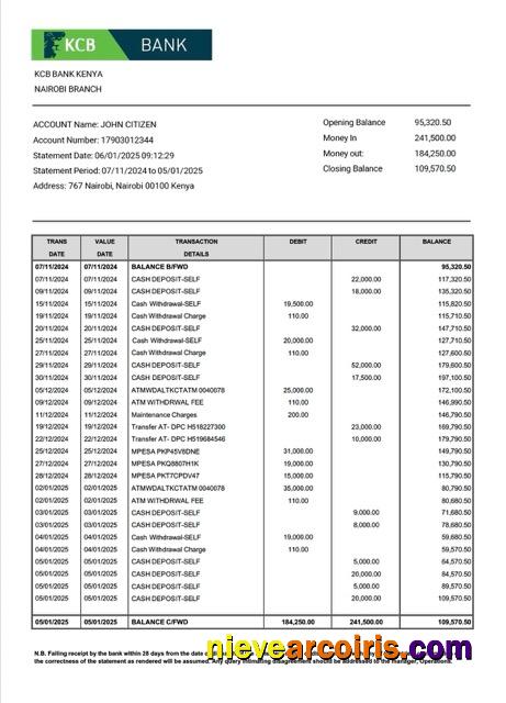 Professional Kenya KCB Bank Account Statement Word And PDF Template