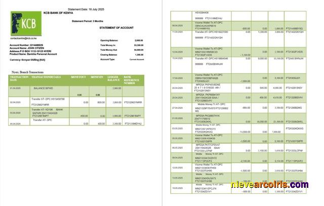 Editable Kenya KCB Bank Statement Of Account Word And PDF Template, 2 Pages