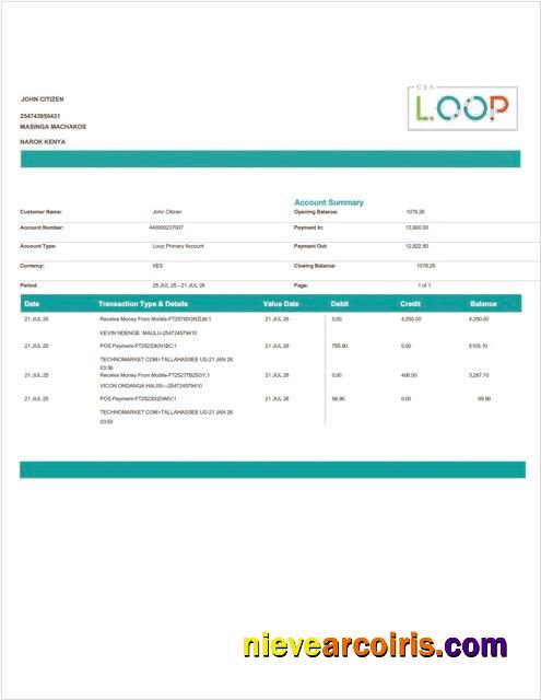Professional Kenya Loop Bank Account Statement Word And PDF Template