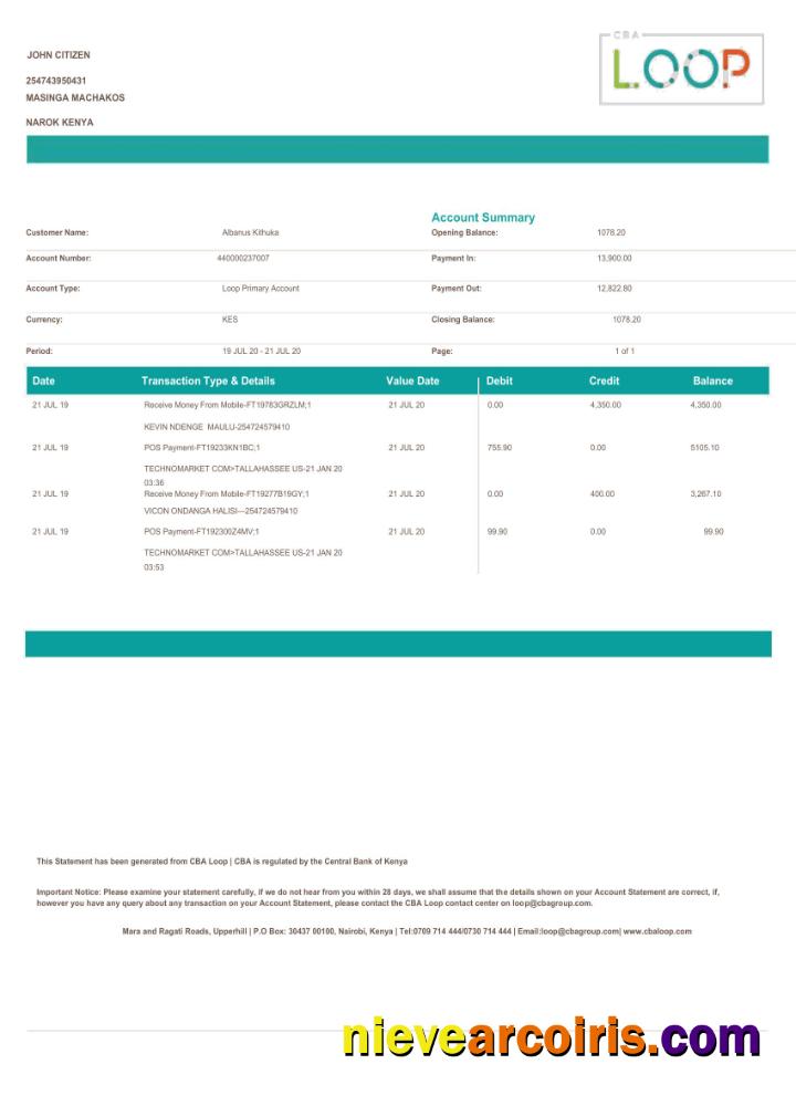 Premium Kenya Loop Bank Statement Word And PDF Template