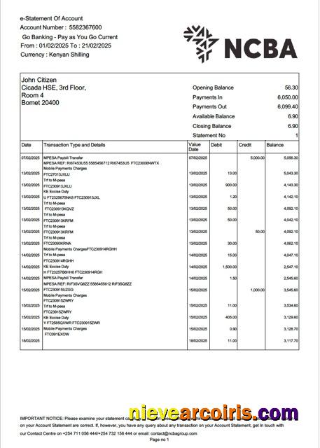 Editable Kenya NCBA Bank E Statement Of Account Word And PDF Template