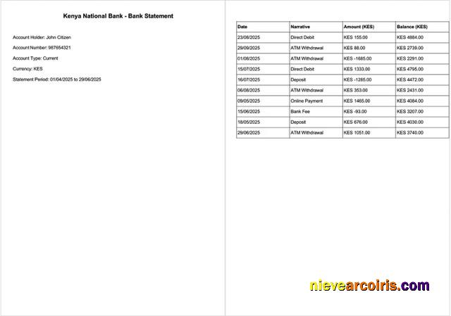 Editable Kenya National Bank Bank Statement Word And PDF Template, 2 Pages