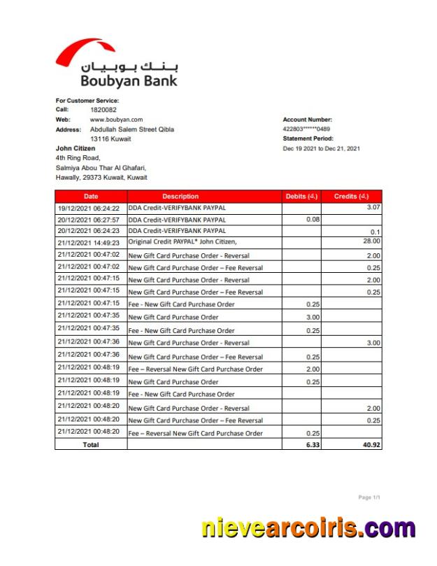 Professional Kuwait Boubyan Bank Statement Easy To Fill Template In .xls And .pdf File Format