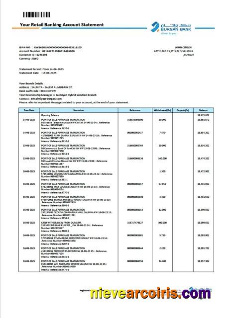 Professional Kuwait Burgan Bank Retail Account Statement Word And PDF Template