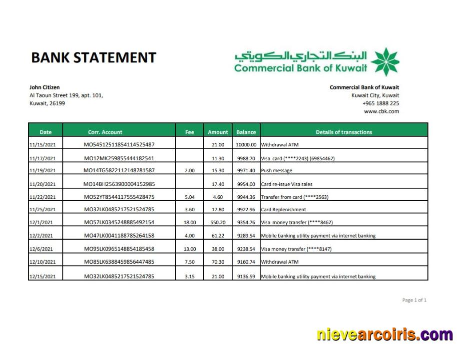 Professional Kuwait Commercial Bank Statement Easy To Fill Template In .xls And .pdf File Format