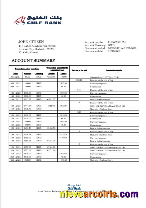 Editable Kuwait Gulf Bank Statement Template In Word And PDF Format