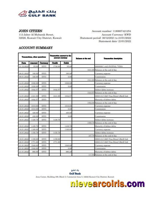 Kuwait Gulf Bank Statement Preview