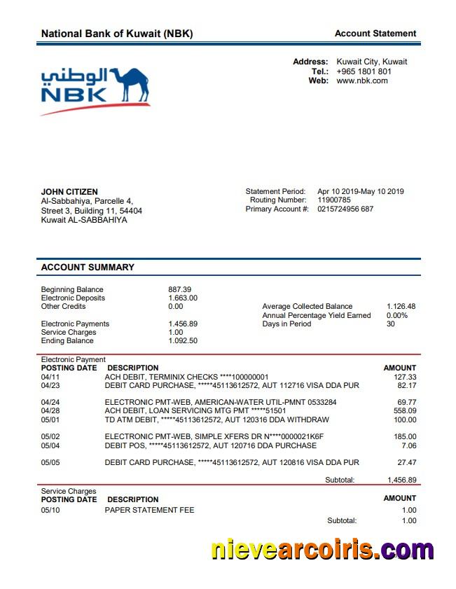 Kuwait, National Bank Of Kuwait (NBK) Sample