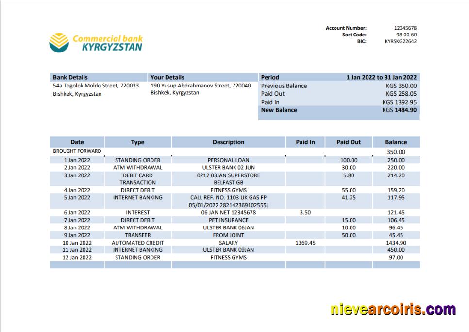 Professional Kyrgyzstan Commercial Bank Statement Template In Word And PDF Format
