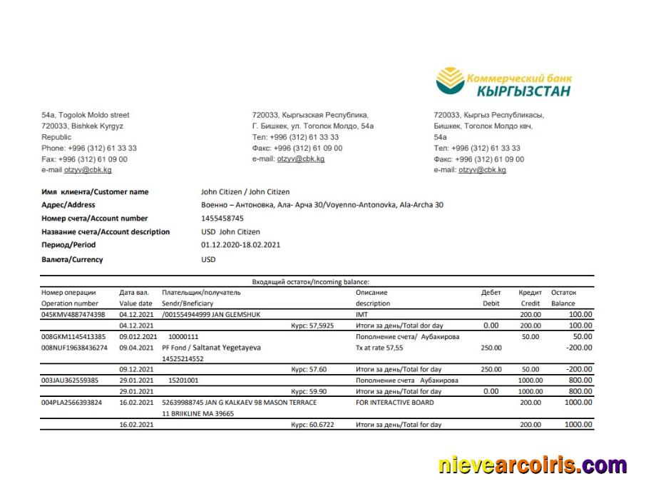 Premium Kyrgyzstan Kirgizbank Bank Statement Easy To Fill Template In Excel And PDF Format