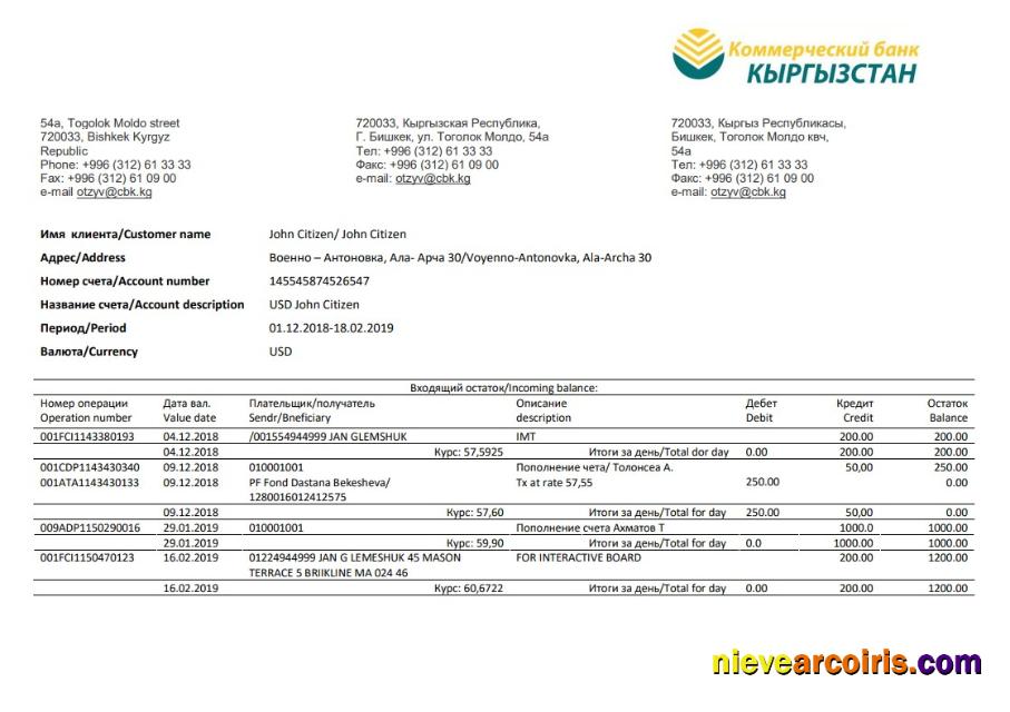 Premium Kyrgyzstan Kirgizbank Proof Of Address Bank Statement Template In Word And PDF Format