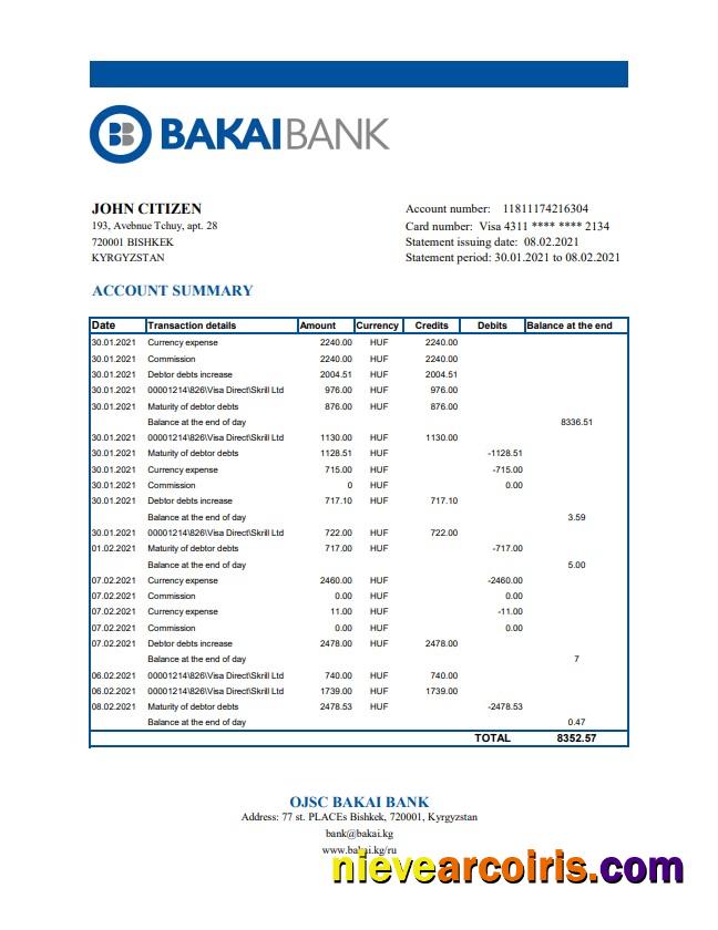 Premium Kyrgyzstan OJSC Bakai Bank Statement Easy To Fill Template In Excel And PDF Format