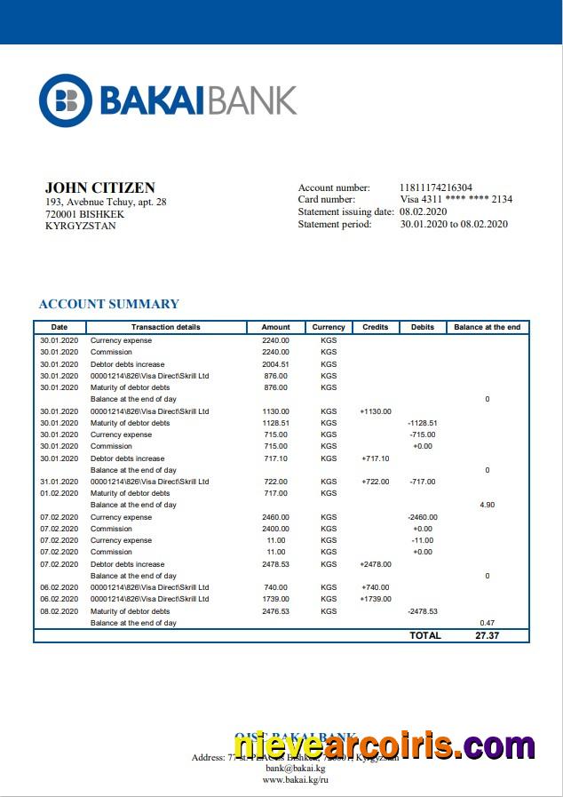 Kyrgyzstan OJSC Bakai Bank Sample