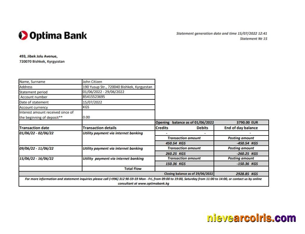 Kyrgyzstan Optima Bank Statement Xls Sample