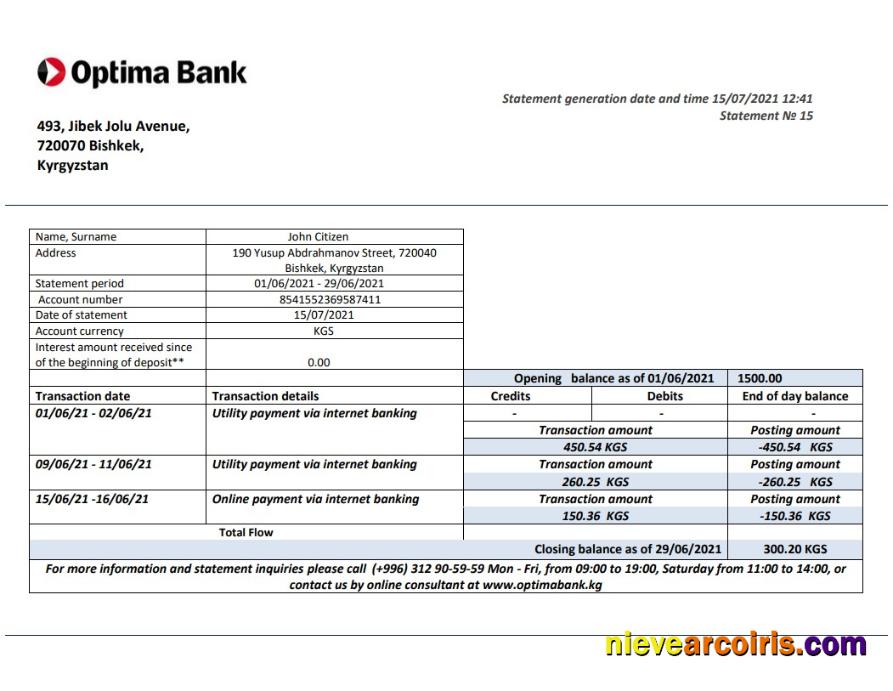 Kyrgyzstan Optima Bank Statement Preview