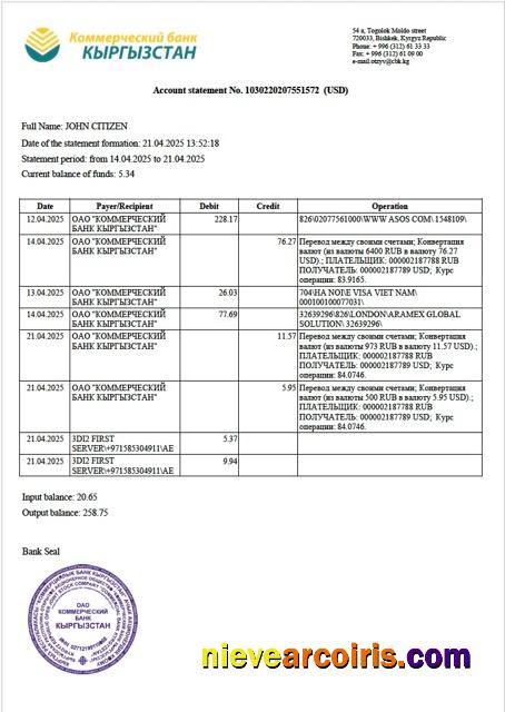 Premium Kyrgyzstan Commercial Bank Of Kyrgyzstan Account Statement Word And PDF Template