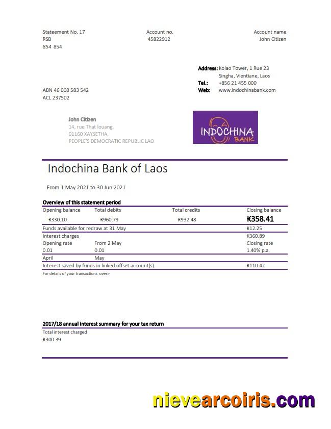 Editable Laos Indochina Bank Statement Easy To Fill Template In Excel And PDF Format